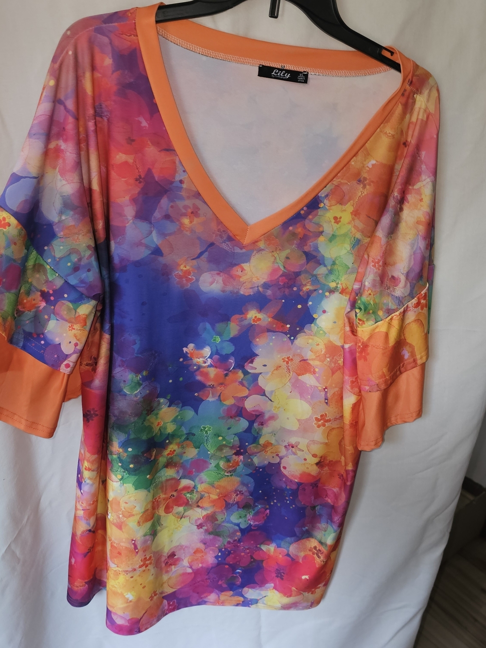 Lily V-Neck Floral Rainbow Women’s Top - Orange Trim